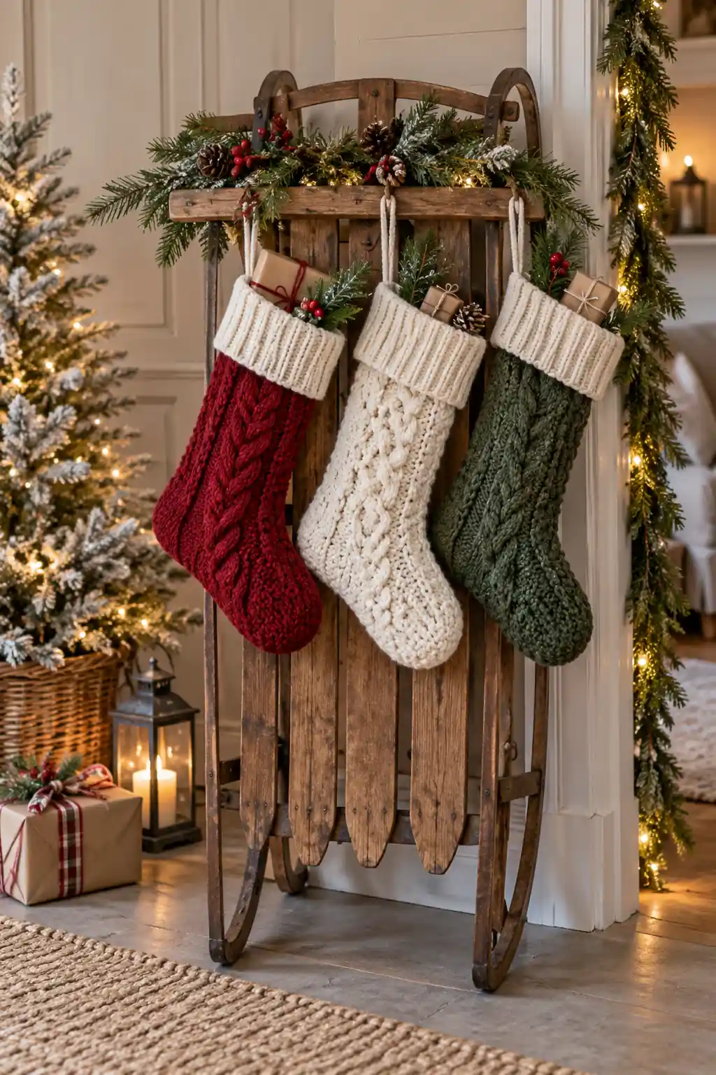 15 sled with knitted stockings