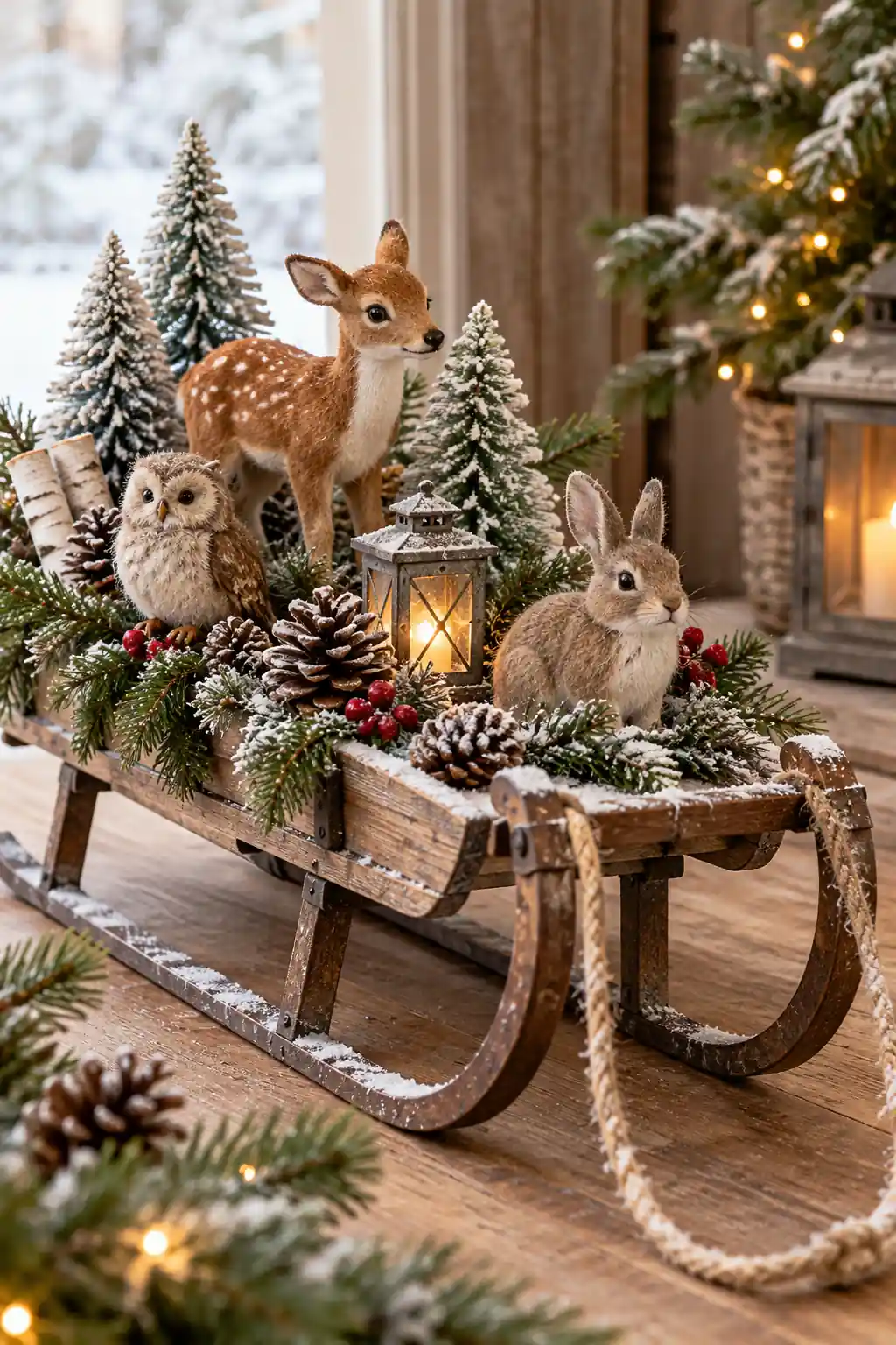 20 sled with snowy woodland animals