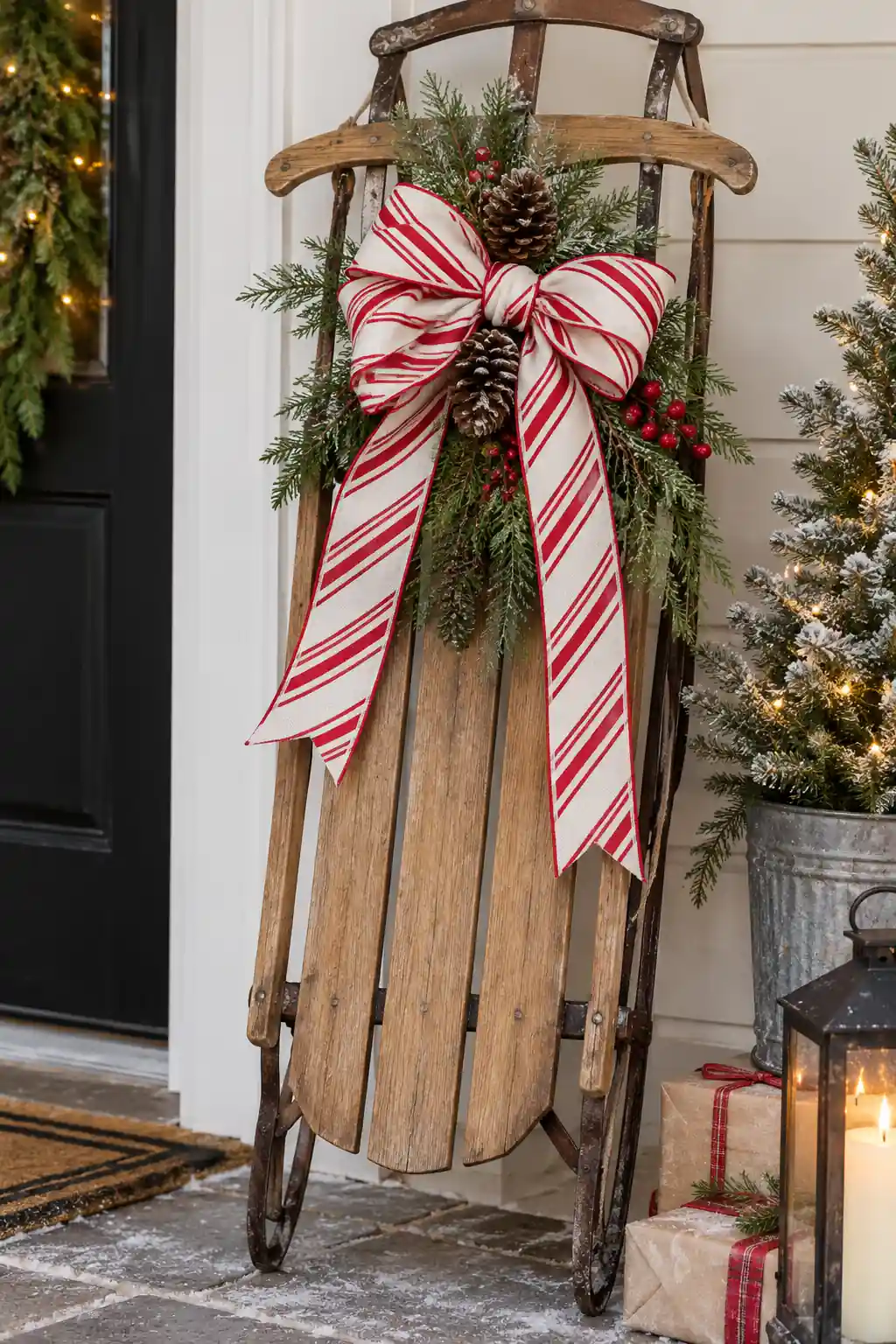 23 sled with candy cane striped bow