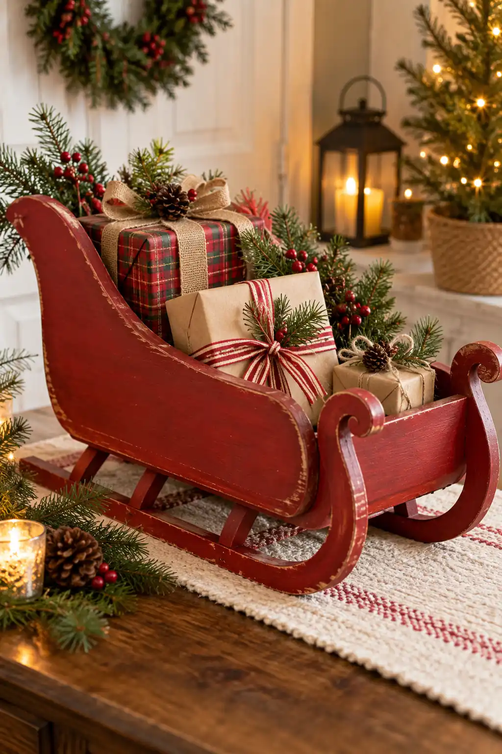 Red painted wooden gift sleigh, one of these christmas sleigh decoration ideas