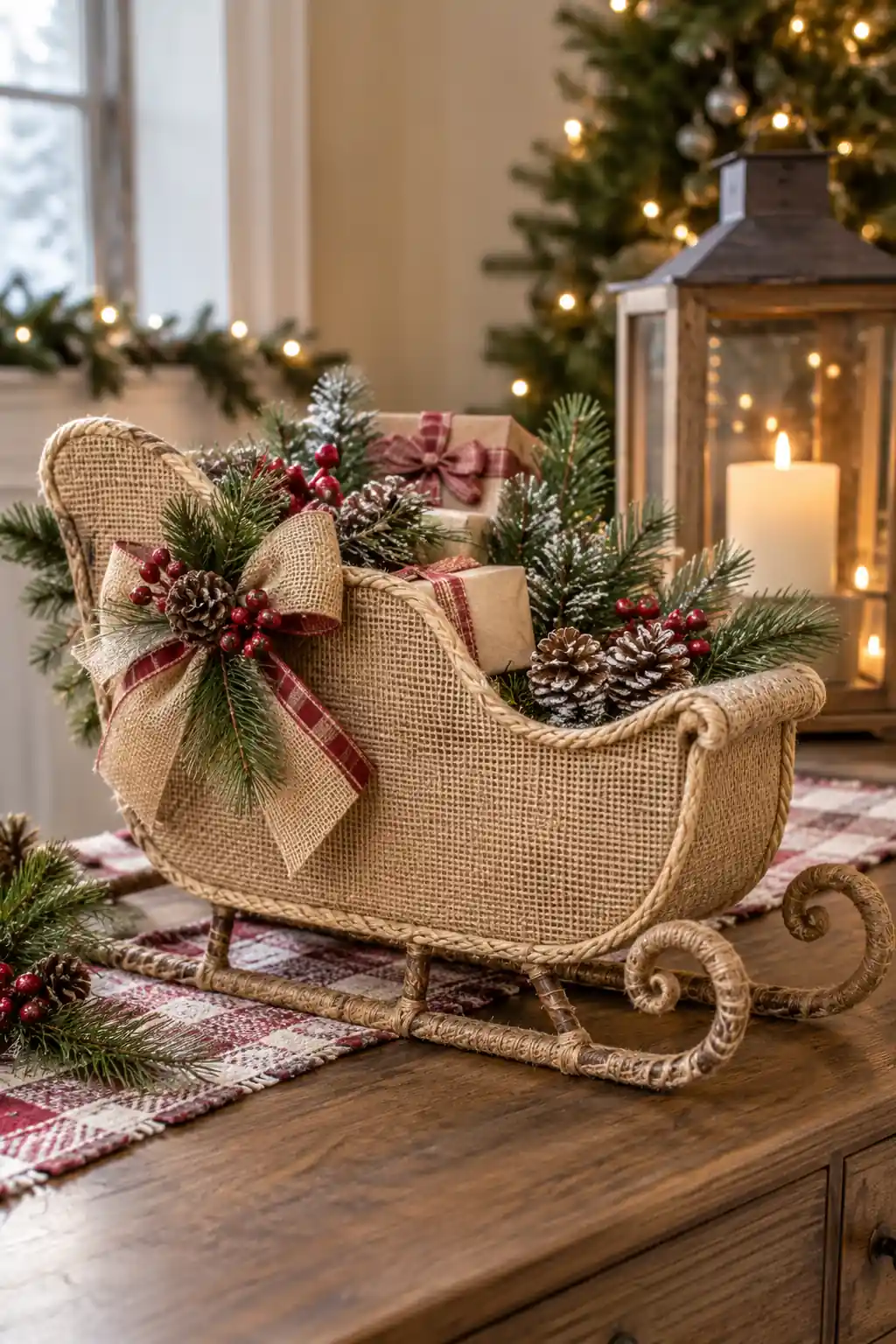 15 burlap wrapped sleigh basket