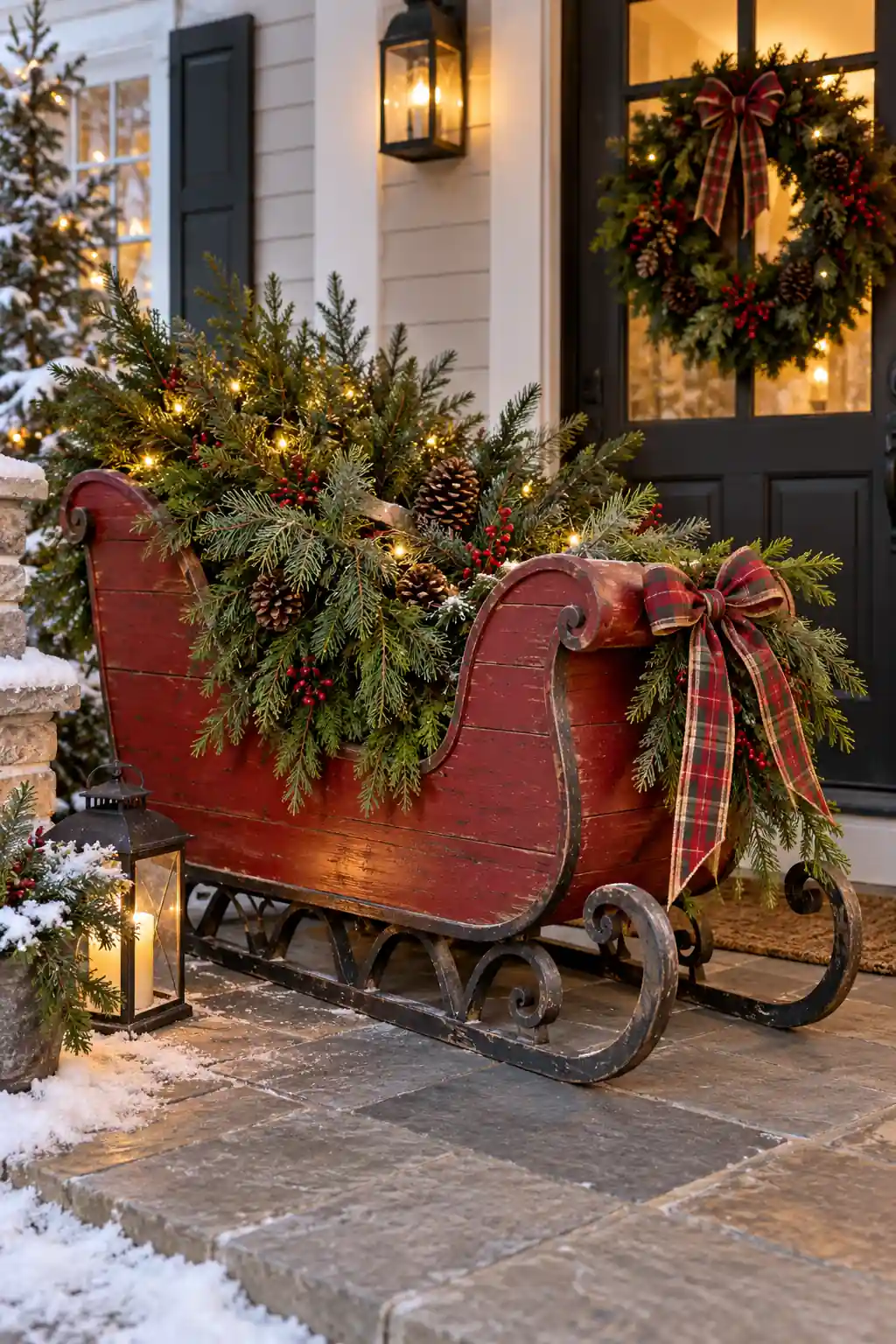 20 oversized porch sleigh with evergreen