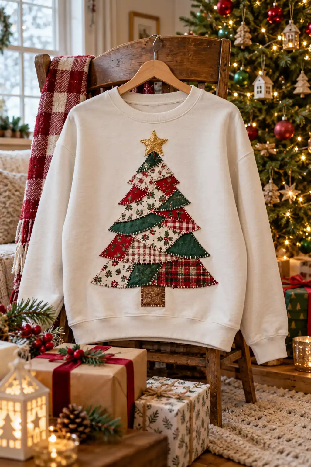 Patchwork christmas tree sweatshirt, one of these christmas sweatshirt ideas