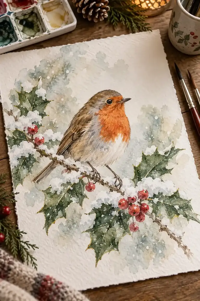 Watercolor robin with an orange breast perched above holly leaves