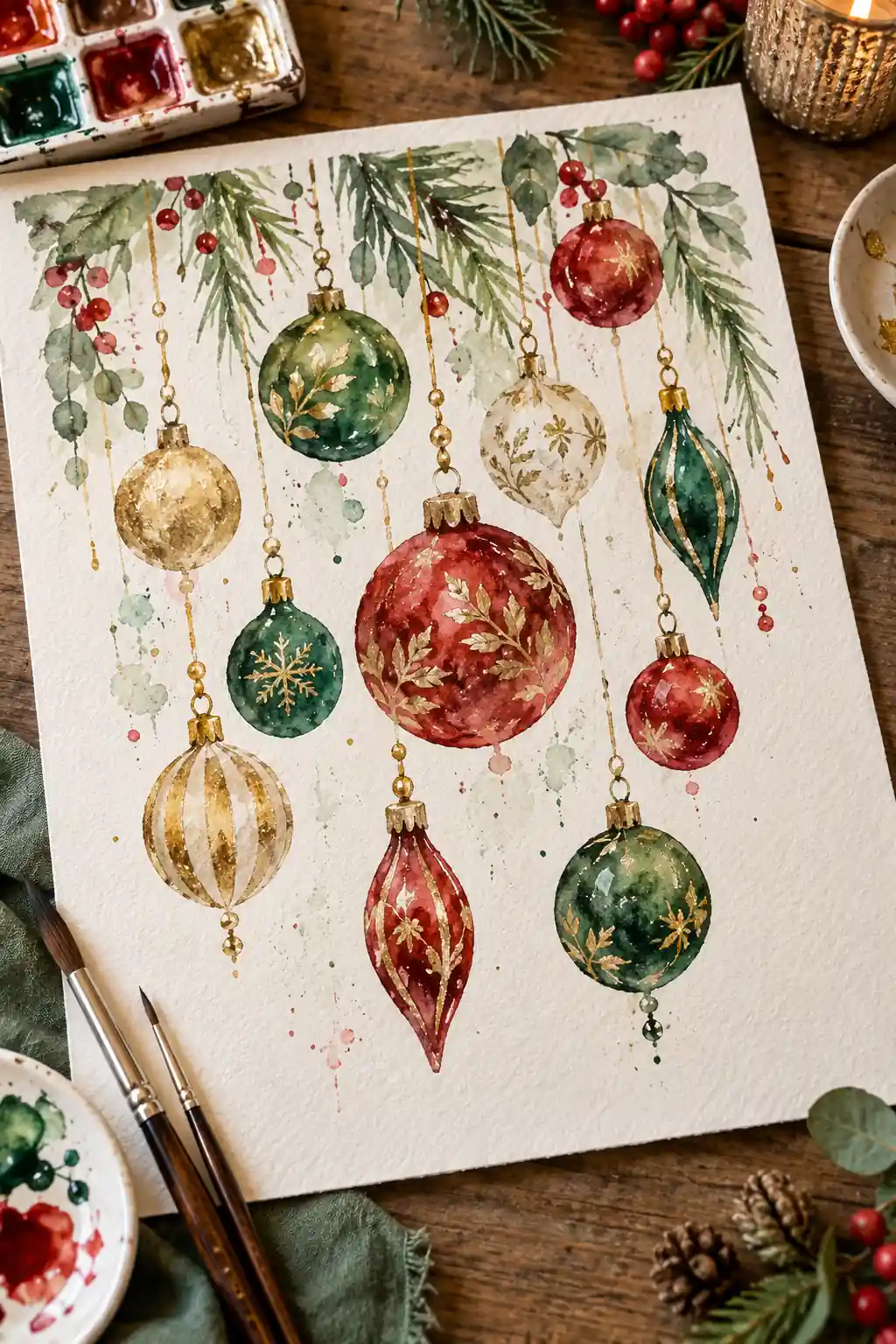 Red, green and gold watercolor ornaments hanging from evergreen branches