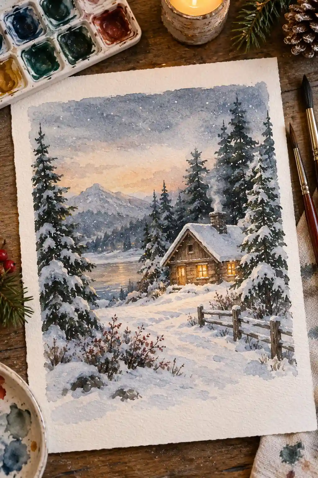 A small glowing cabin surrounded by snow and evergreen trees