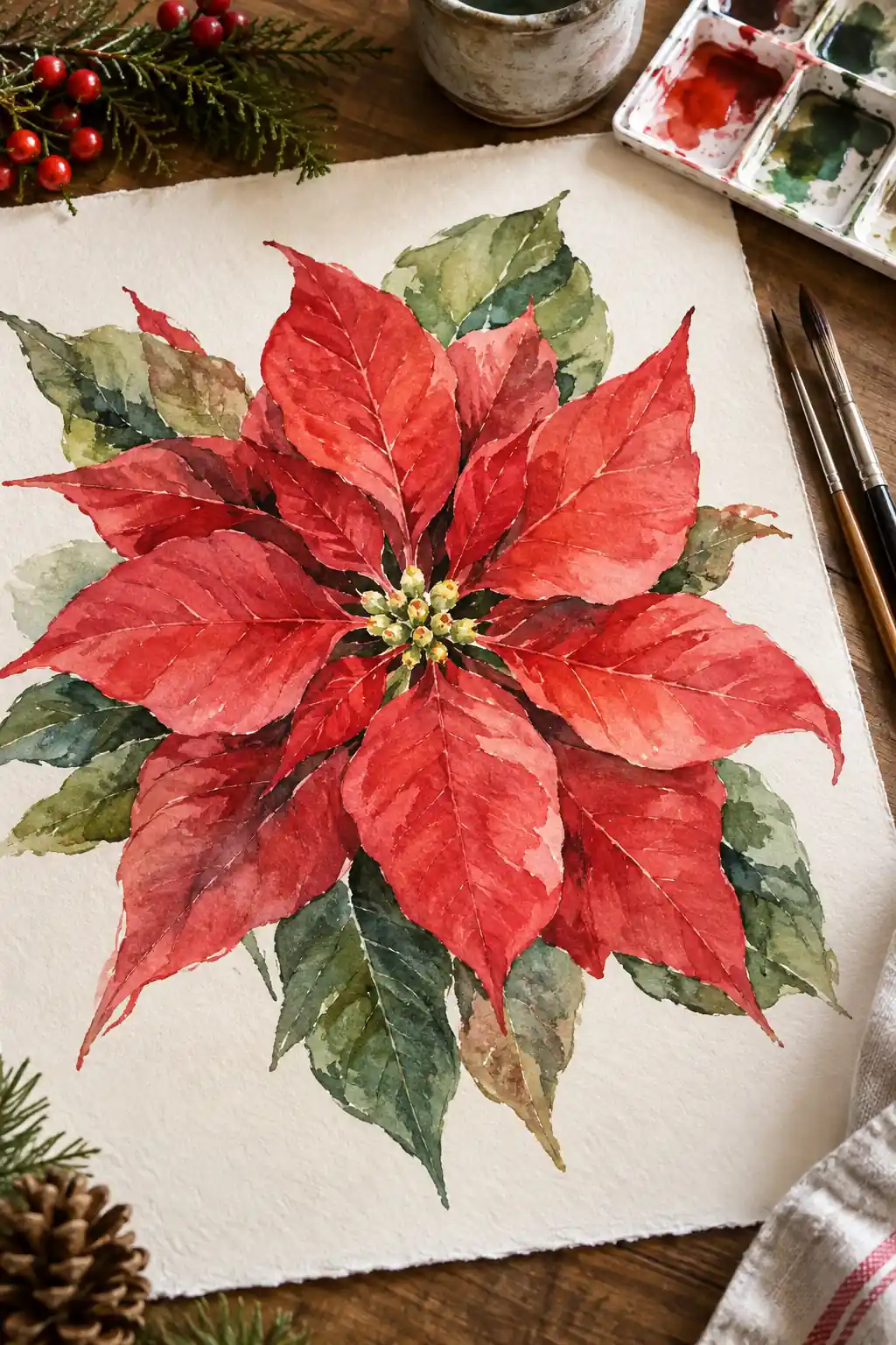 A red watercolor poinsettia with layered pointed bracts and green leaves