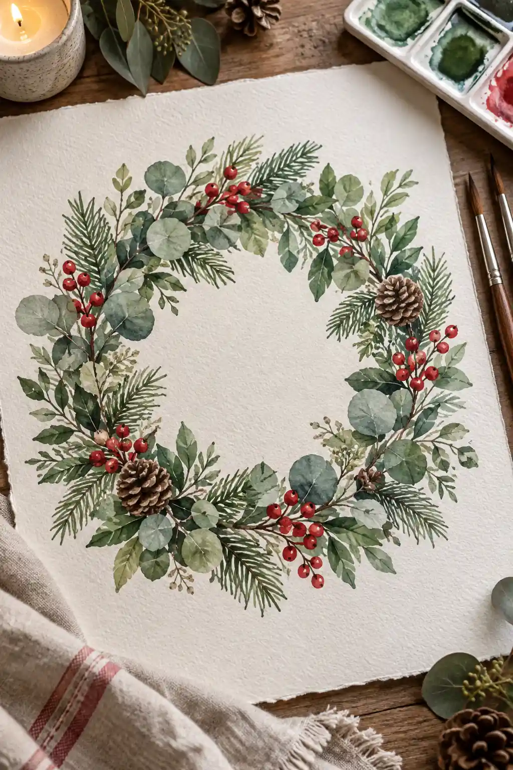 A circular watercolor wreath of eucalyptus, evergreen leaves and berries