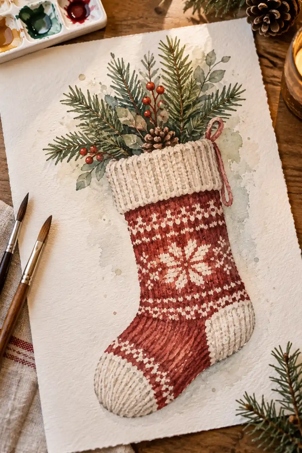 A red and cream watercolor stocking filled with evergreen sprigs