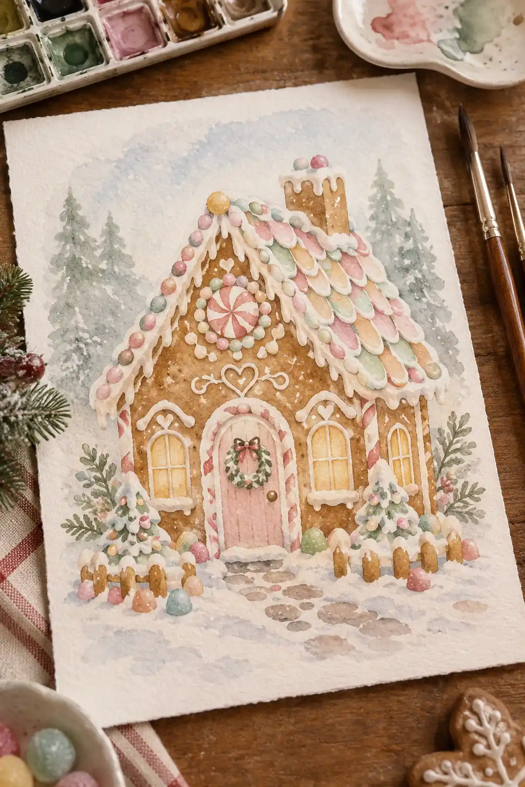 A watercolor gingerbread house with pale icing and colorful candy details