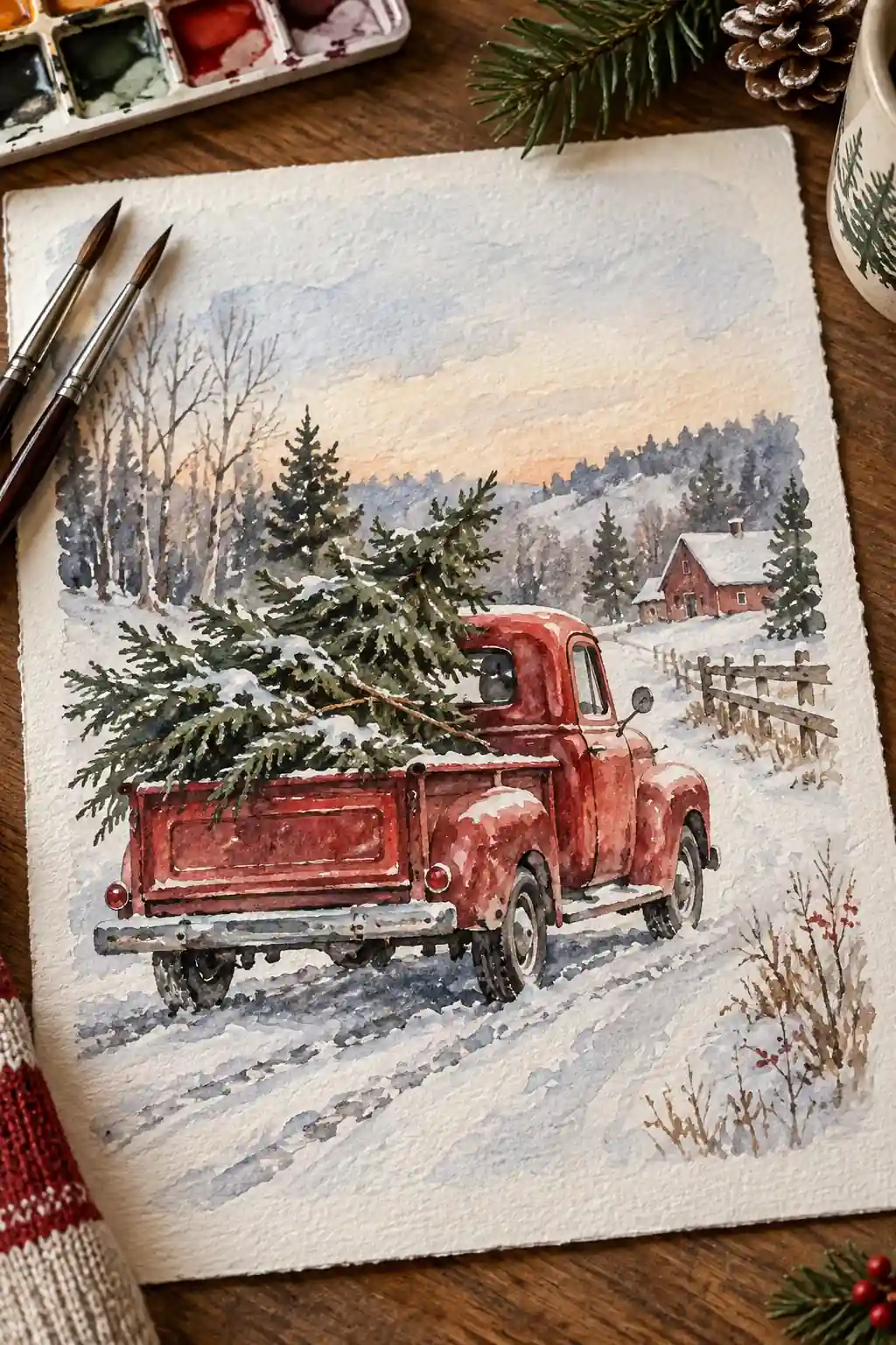A red pickup truck carrying evergreen branches in a snowy landscape