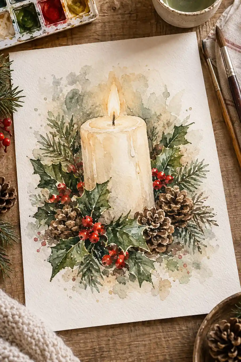 A cream candle painted among holly, pinecones and evergreen branches