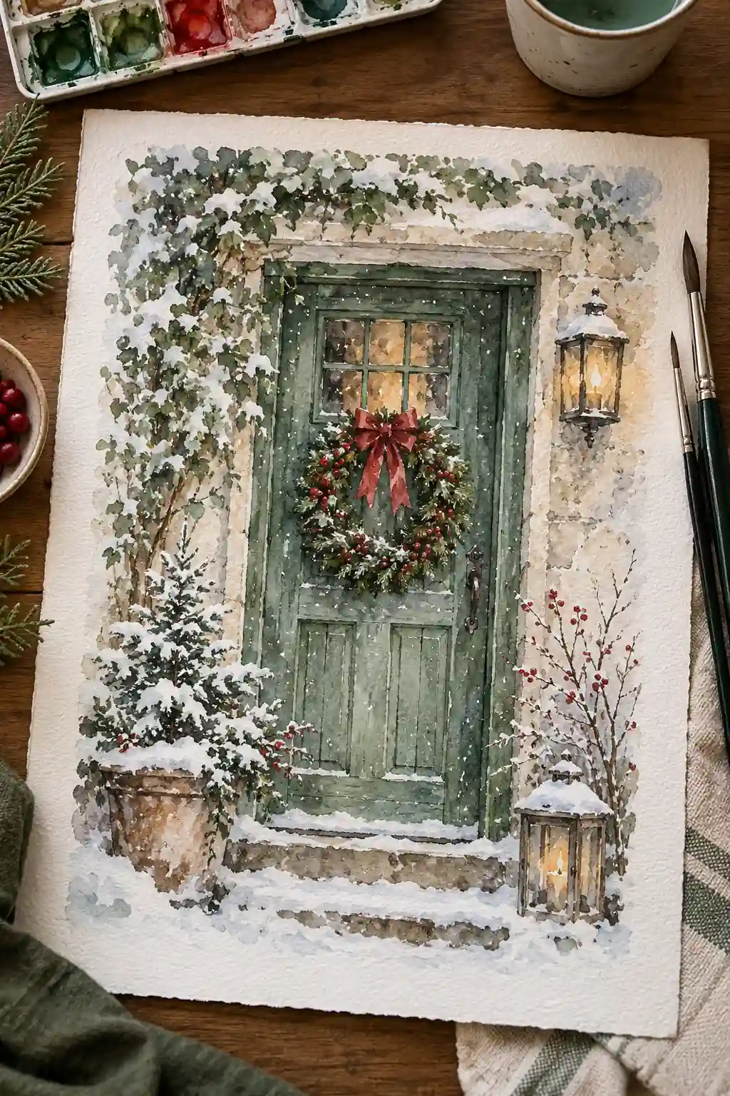 A green watercolor door framed by snowy greenery and a lantern