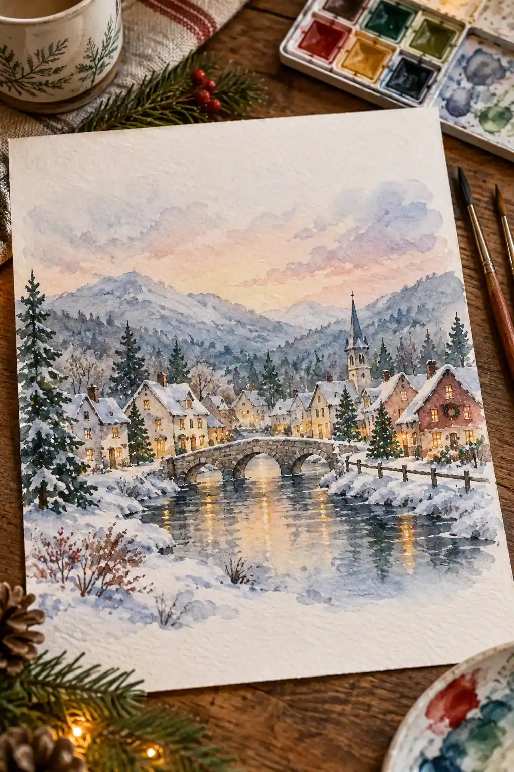 A watercolor village with illuminated houses reflected in a winter river