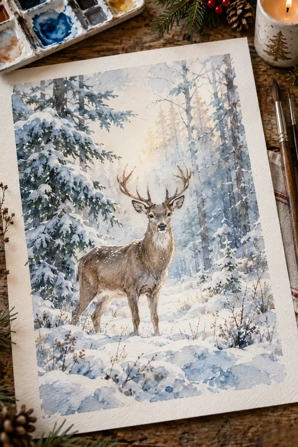 A watercolor stag standing among snow-covered evergreen trees
