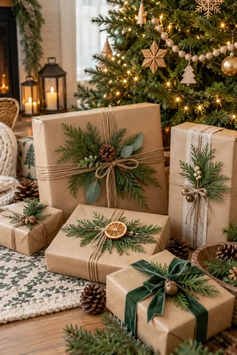 Kraft paper with evergreen sprig, one of these christmas wrapping ideas