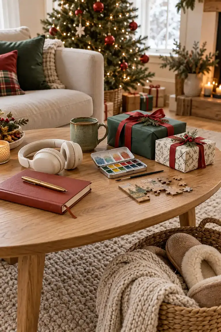 Cool Christmas gift ideas wrapped under a Christmas tree with headphones, a journal and a watercolor kit on a coffee table
