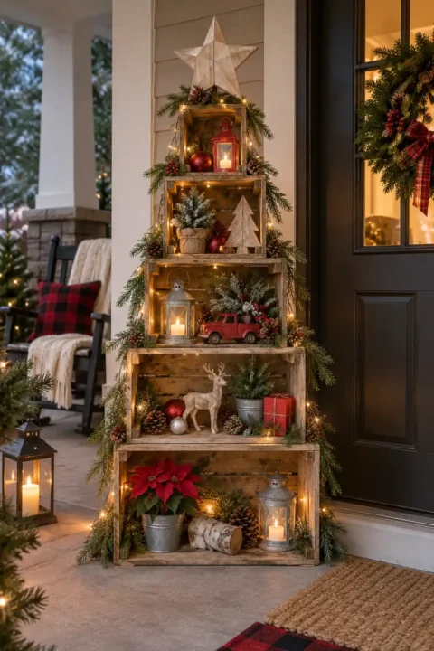 Wooden crates stacked into a tree shape with greenery and lanterns