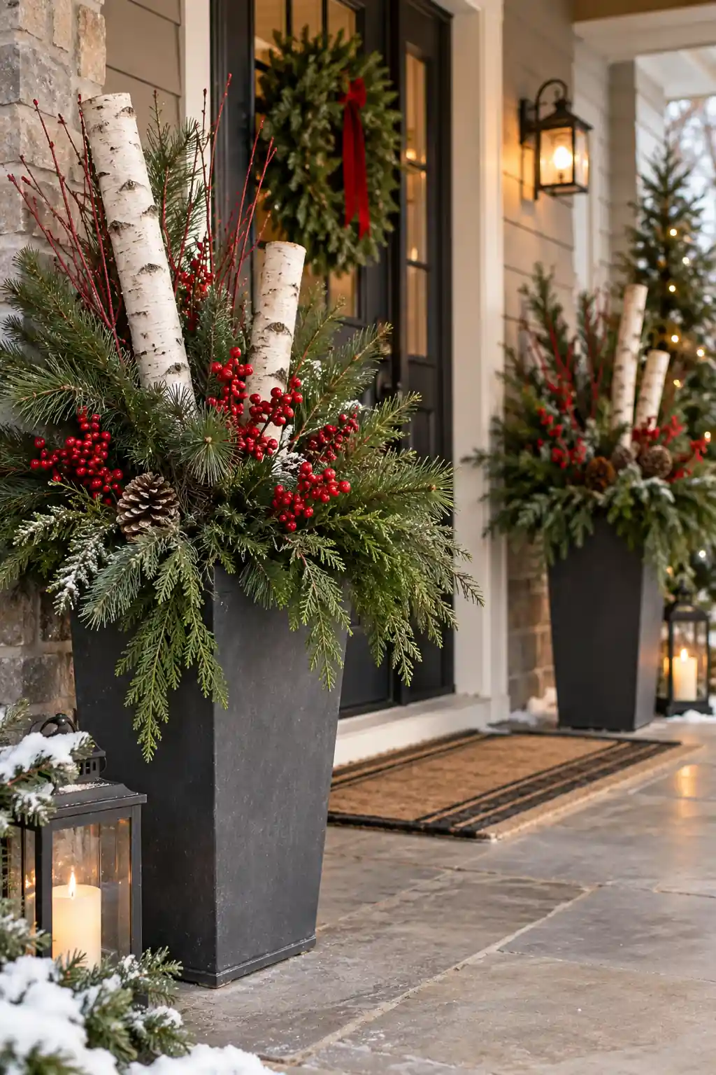 Tall dark planters filled with evergreen branches, birch poles and red berries