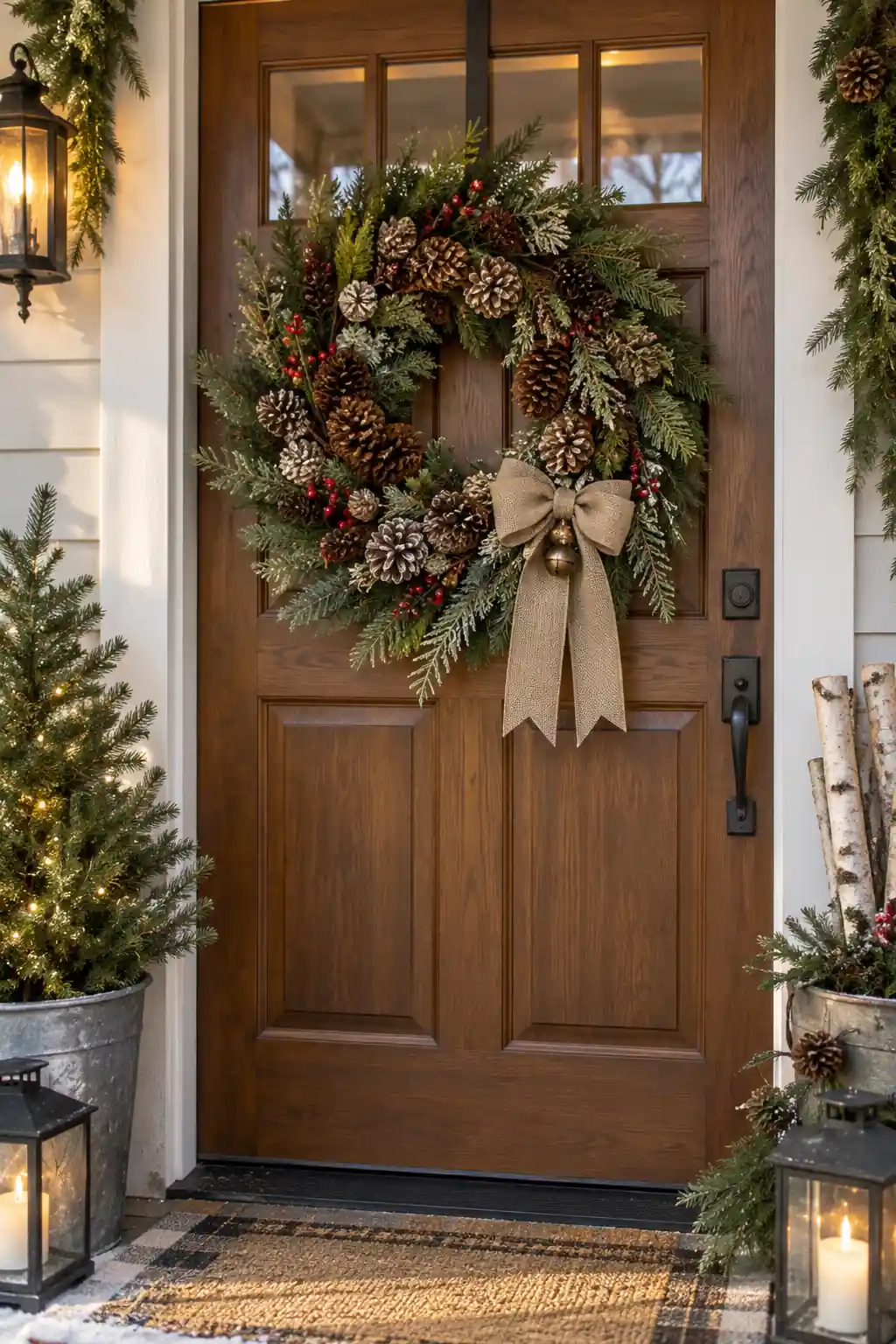A pinecone and evergreen wreath with a wide neutral bow on a wooden door