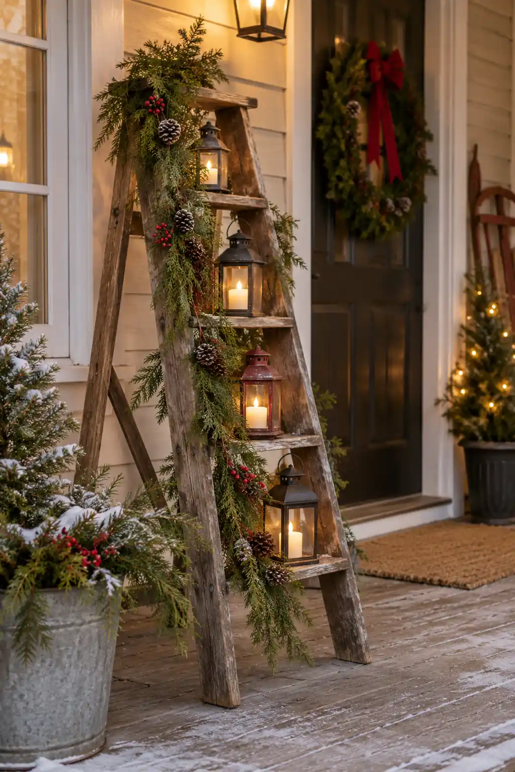 A wooden ladder decorated with garland and lanterns on porch steps