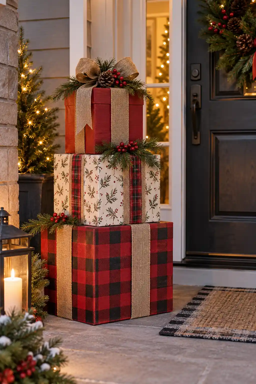 Large red, plaid and patterned gift boxes stacked beside a front door