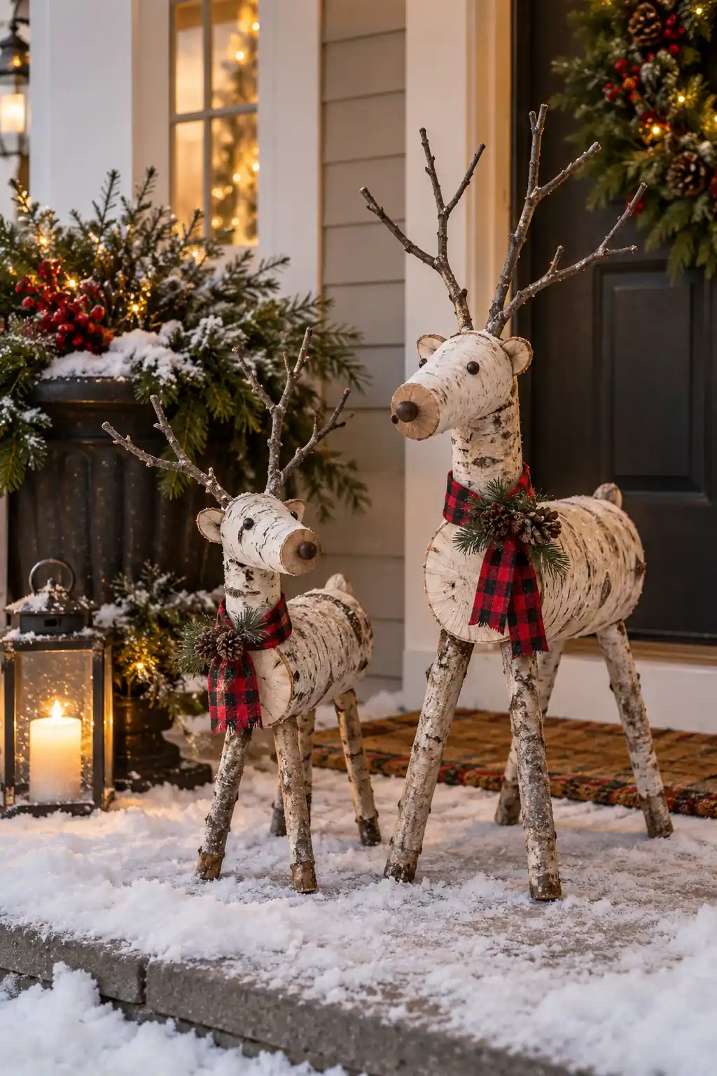 Two wooden reindeer with twig antlers and red scarves on a porch