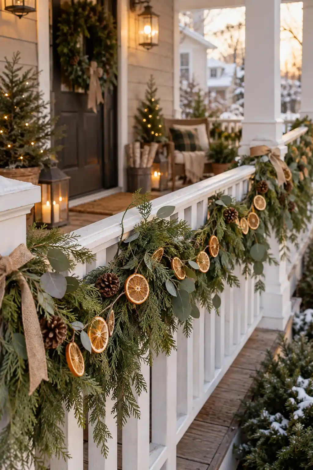 Green garland with dried orange slices draped along a white porch rail
