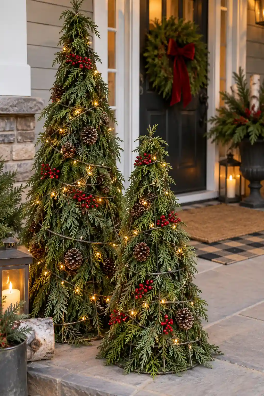 Cone-shaped evergreen trees with warm lights in planters beside a door