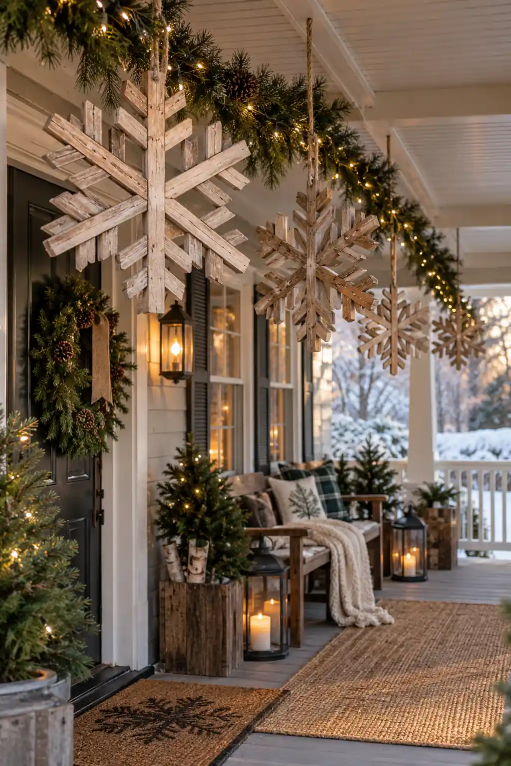 Large wooden snowflakes hanging beneath a covered porch roof