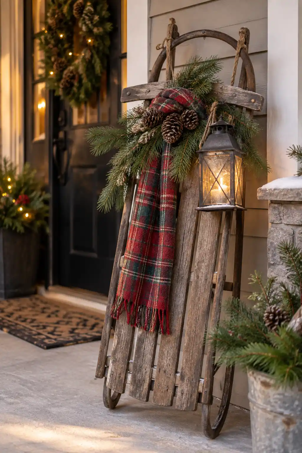A weathered wooden sled with a plaid blanket, greenery and a lantern
