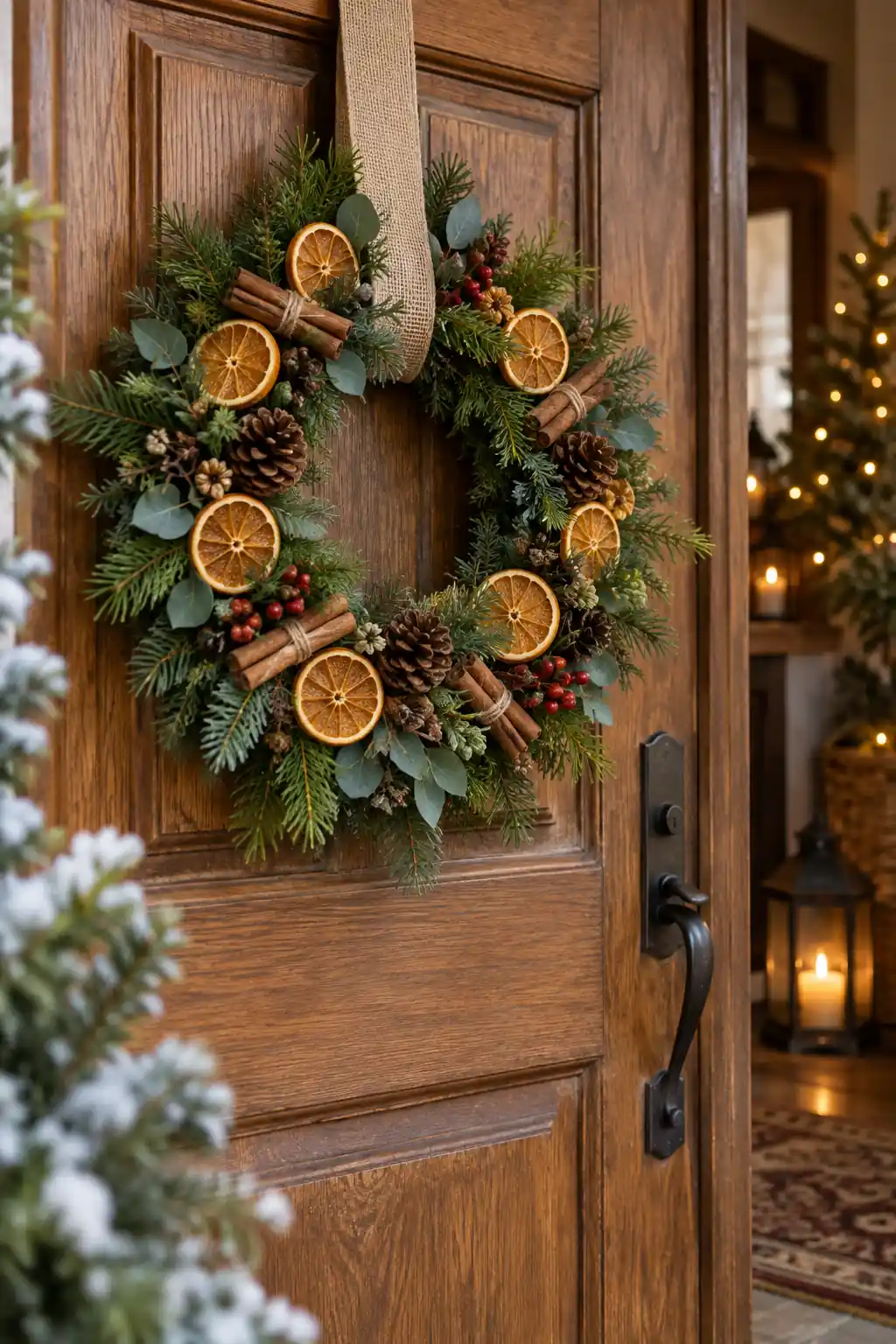 Orange slices and pinecones arranged around a green wreath with a pale bow