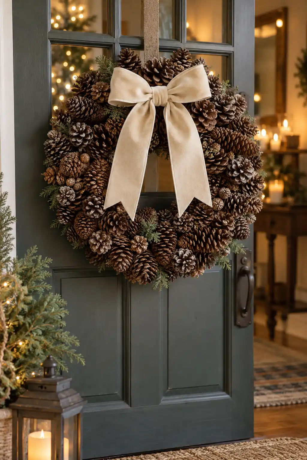 A dense ring of brown pinecones finished with a wide cream bow