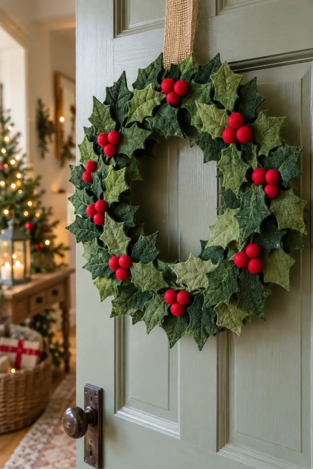 Layered green felt holly leaves with red berries around a circular wreath