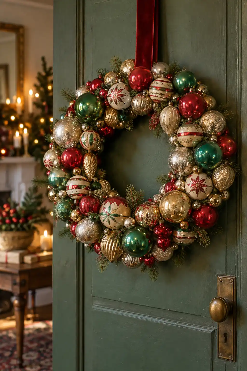 Glossy red, green and gold ornaments packed around a wreath frame