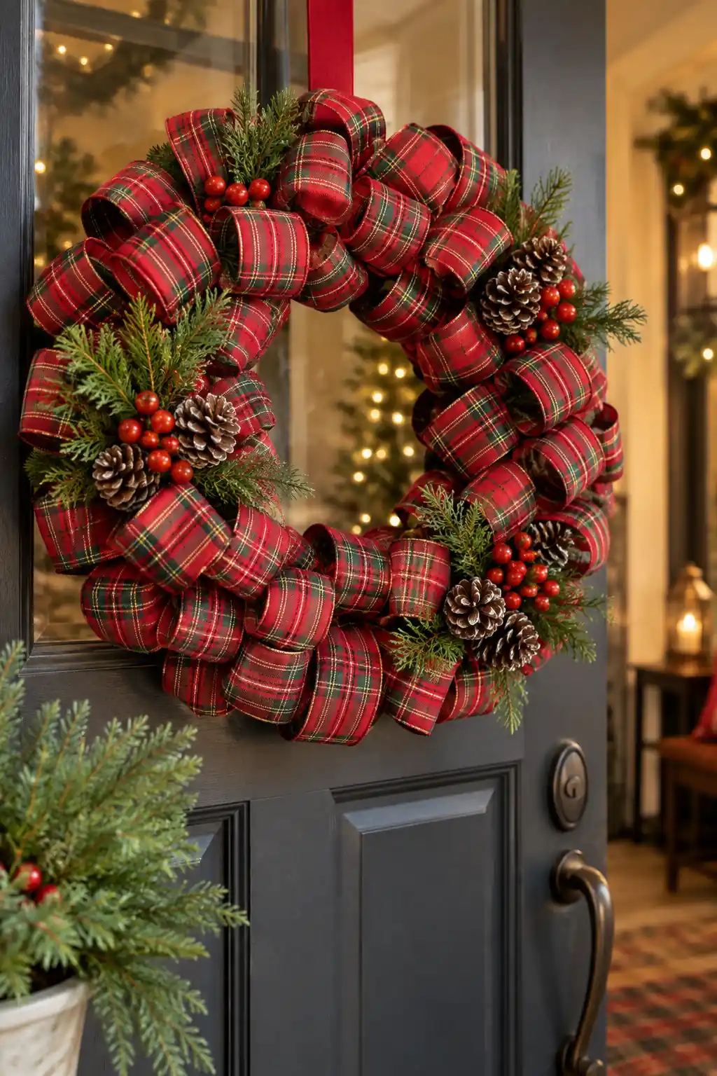 Red plaid ribbon loops arranged around a wreath with greenery accents