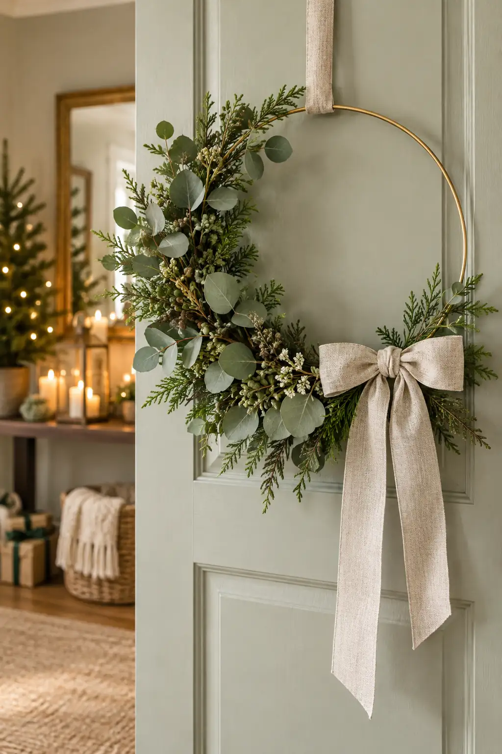 A thin brass-colored hoop with eucalyptus on one side and a pale ribbon