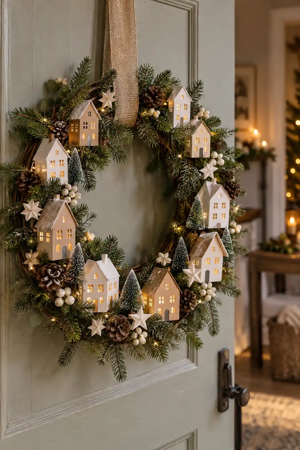Small paper houses tucked into a greenery wreath