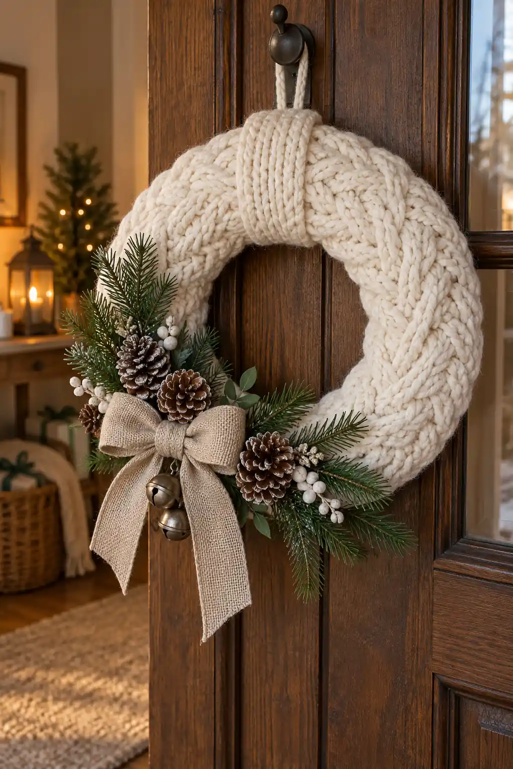 A thick cream yarn wreath with pinecones and a neutral bow