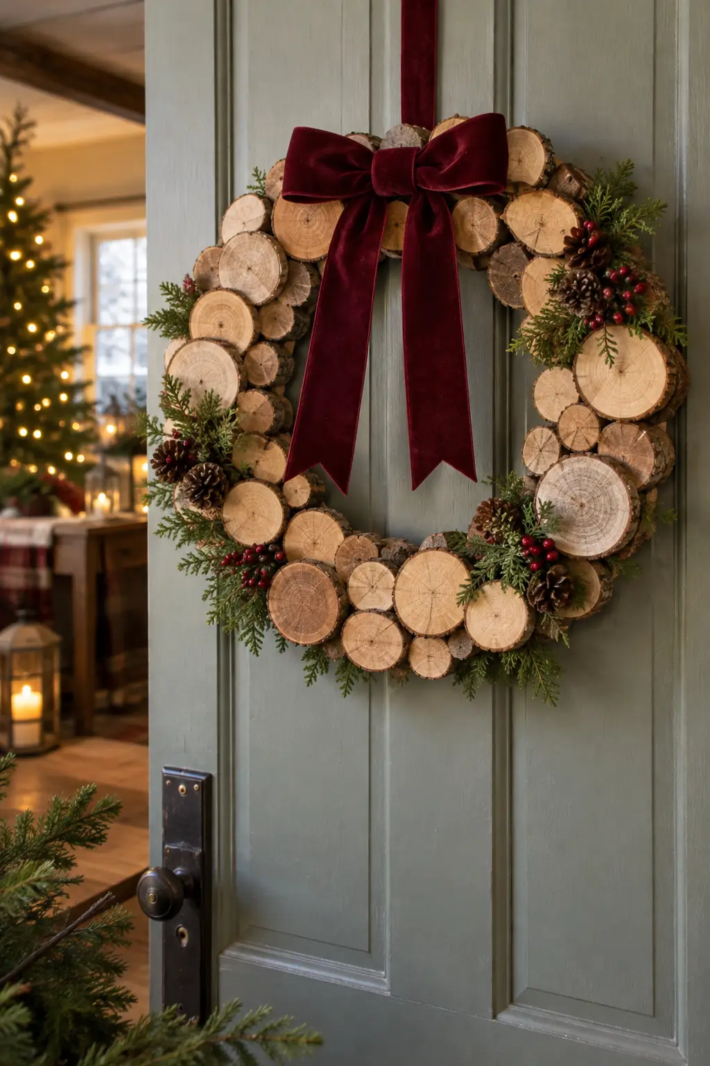 Small round wood slices arranged into a wreath beneath a dark red bow