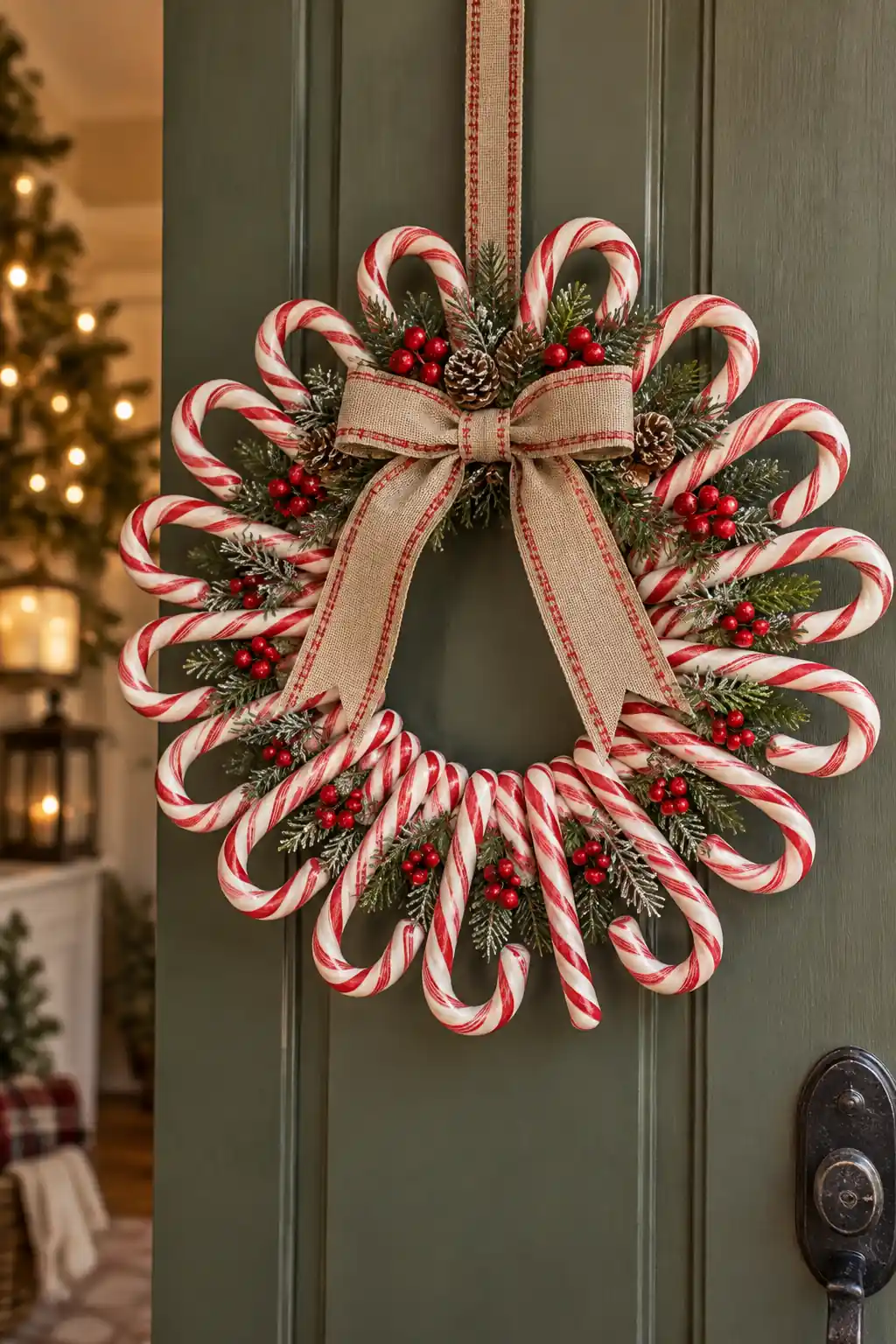 Red and white candy-cane shapes radiating around a wreath