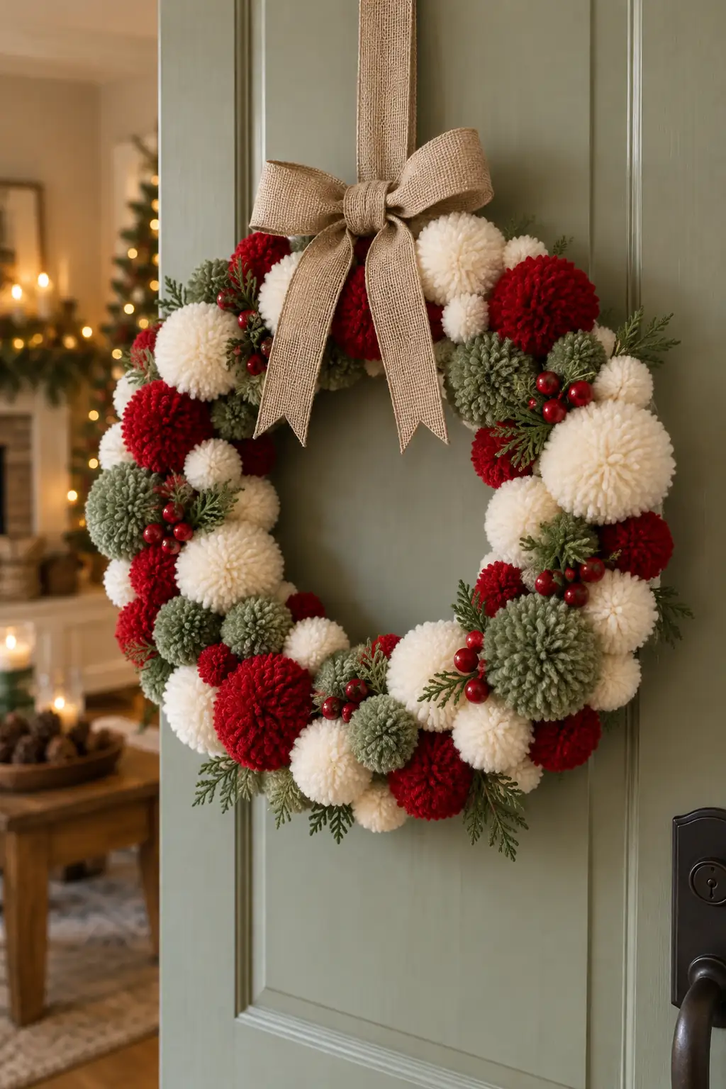 Cream, red and green pom-poms clustered on a wreath
