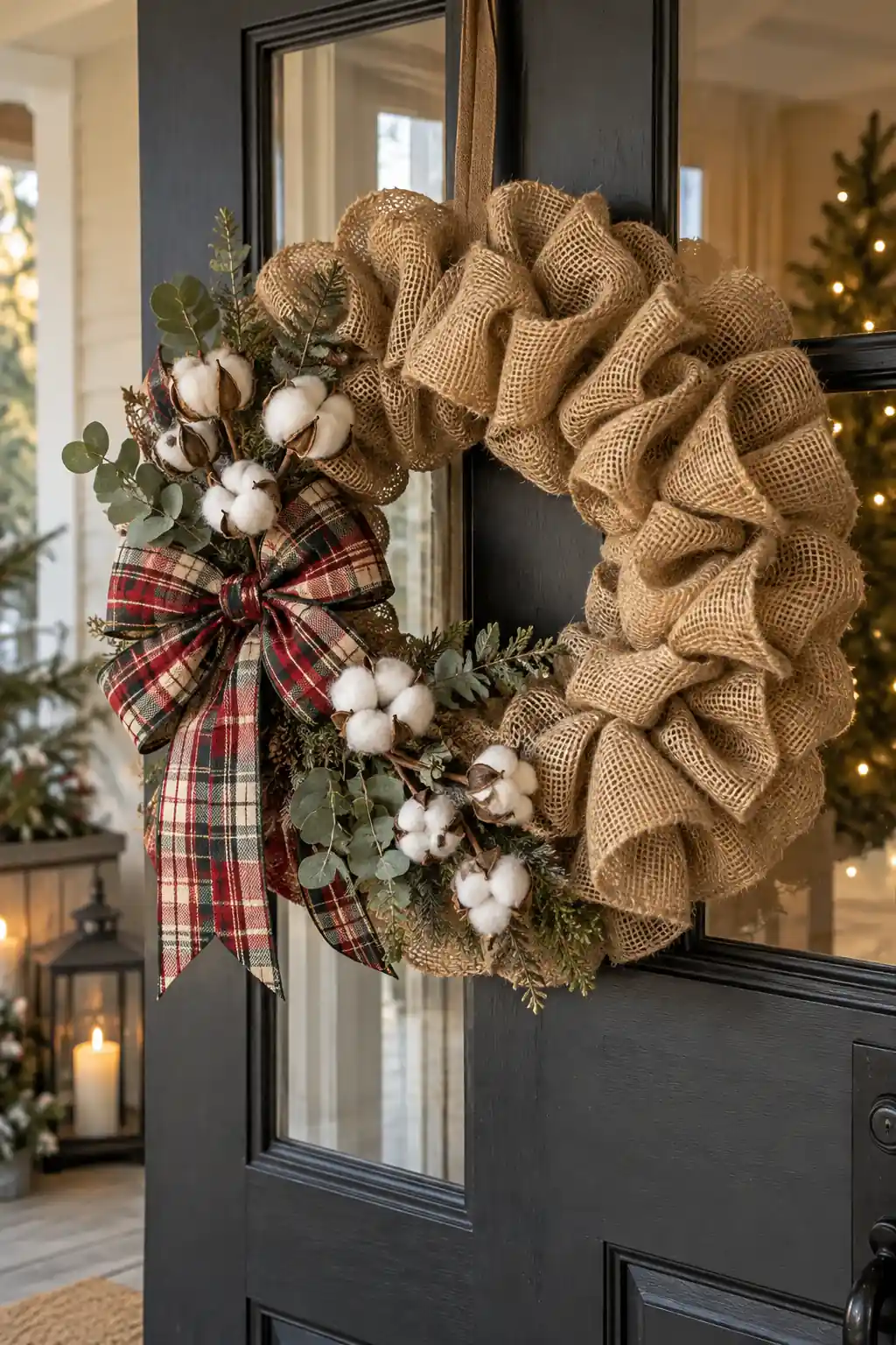 Loose burlap loops form a full wreath with cotton-like accents and greenery