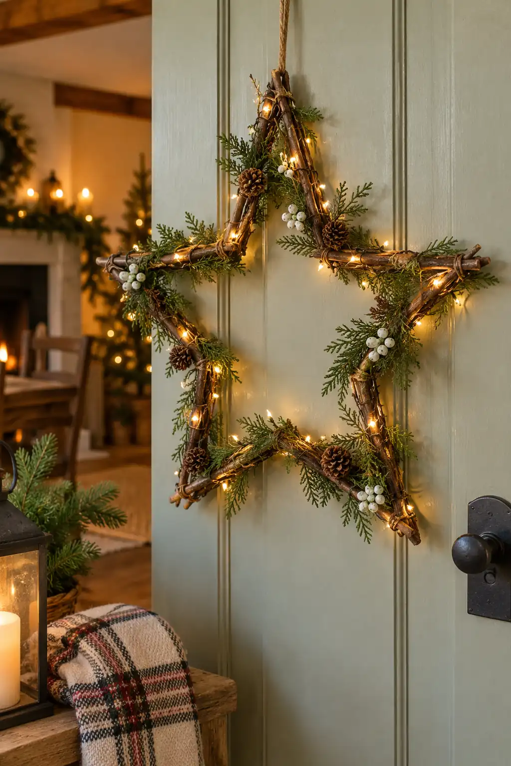 A five-point twig star wrapped with greenery and warm lights