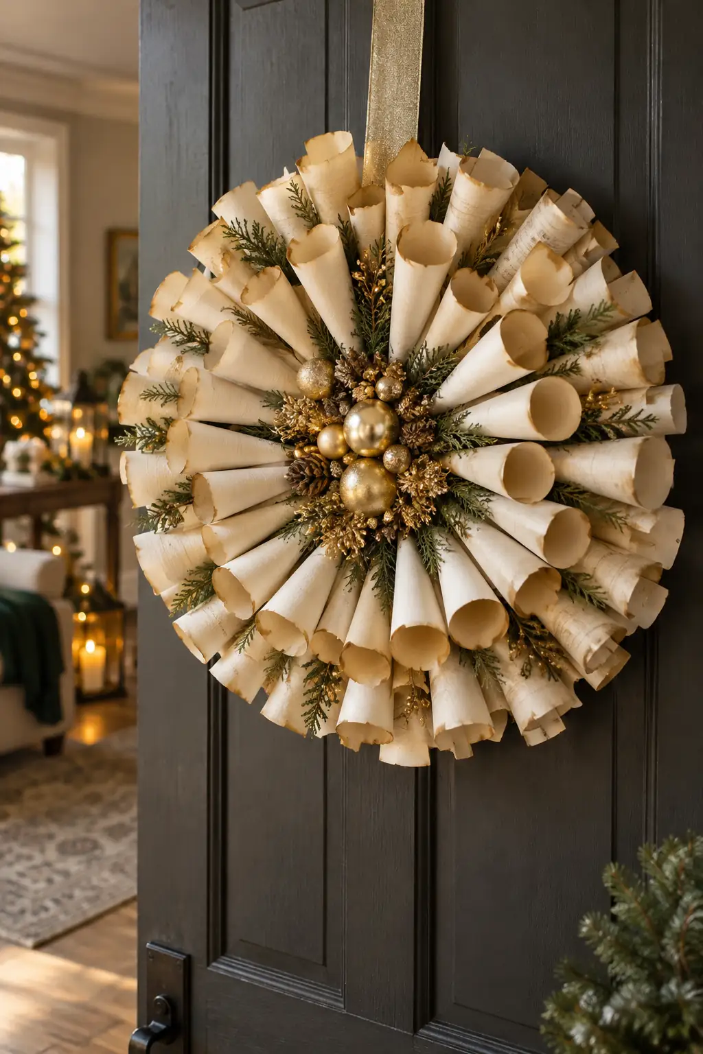 Cream paper cones arranged in a layered circular wreath