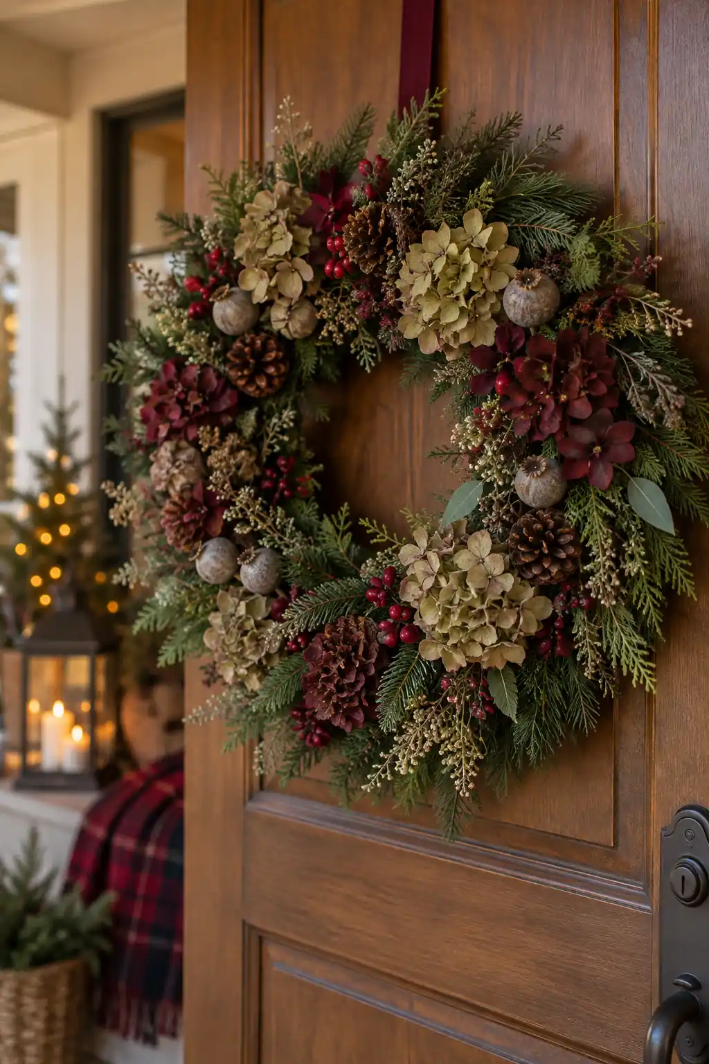 Dried flower clusters, berries and greenery on a wooden door wreath