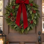 Single evergreen wreath with a red bow, one of these easy christmas door decorations