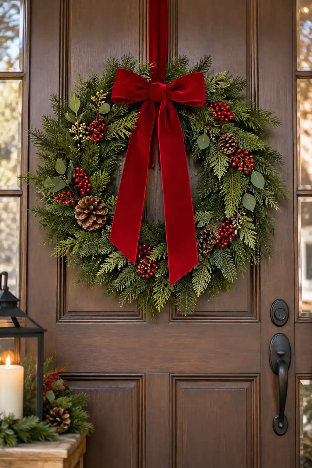 Single evergreen wreath with a red bow, one of these easy christmas door decorations