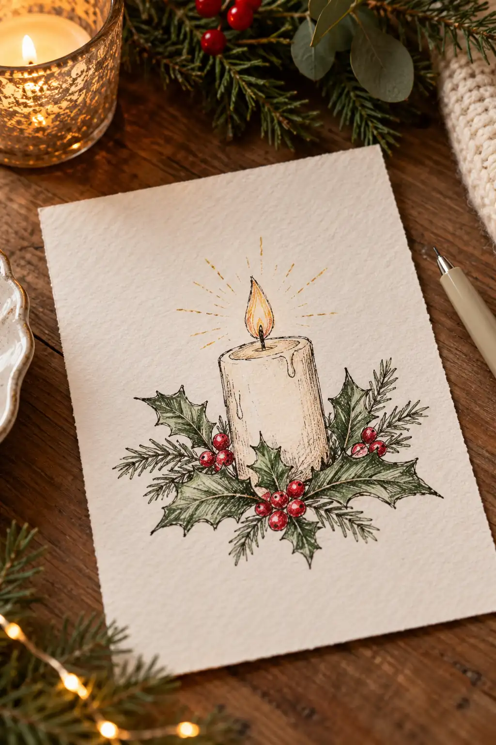 04 minimal pen christmas candle and holly sketch