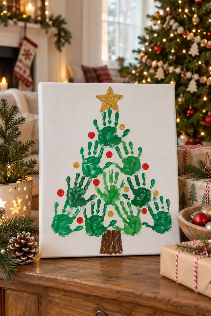 Handprint tree canvas, one of these handprint christmas craft ideas